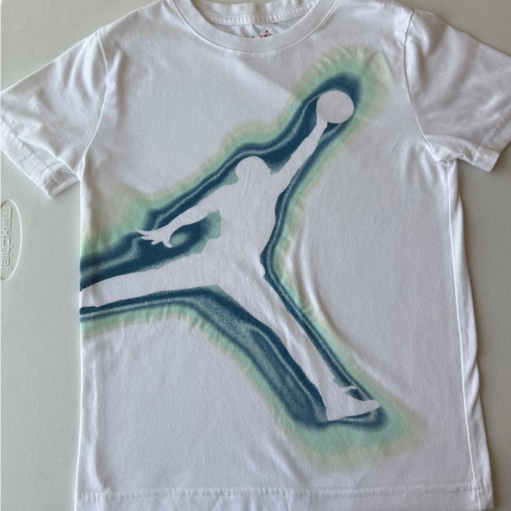 Jordan White Tee with Blue and Green Design